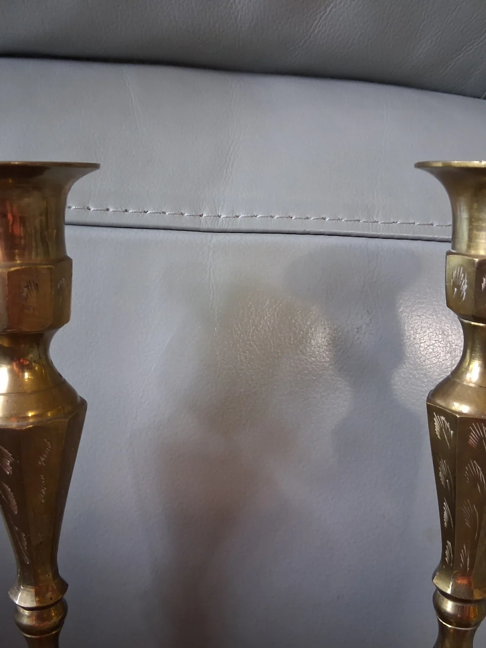 Vintage Pair Brass Candlestick Holders With Floral Etching